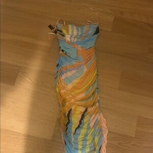 Ruched Multicolor Striped Summer Dress – Blue, Yellow & Pink